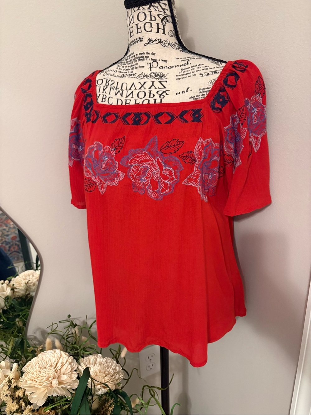 Cloud Chaser Red Floral Embroidered Peasant Blouse